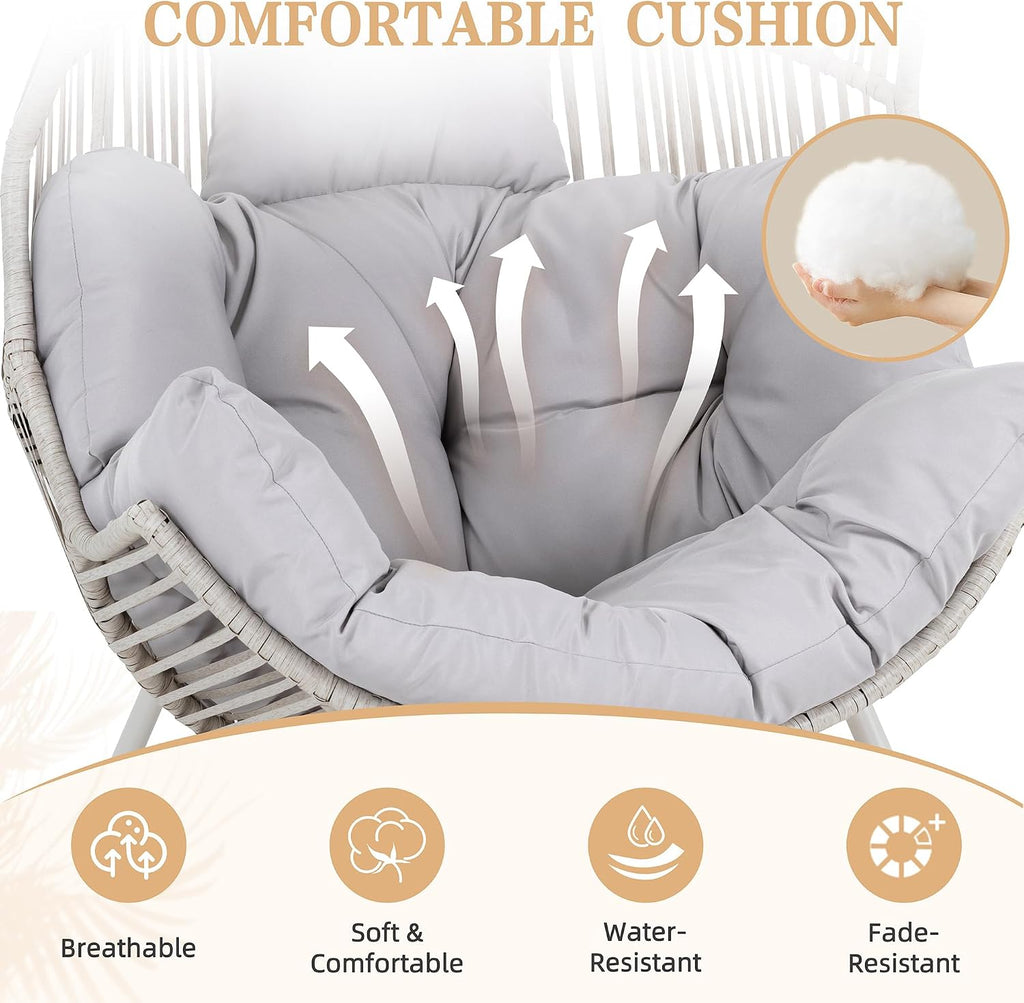 Vongrasig Outdoor Wicker Egg Chair PE Rattan Chair with Cushion, Oversized Patio Lounge Chair for Outdoor, Indoor, Balcony, Backyard, Garden, Grey/Beige Rattan