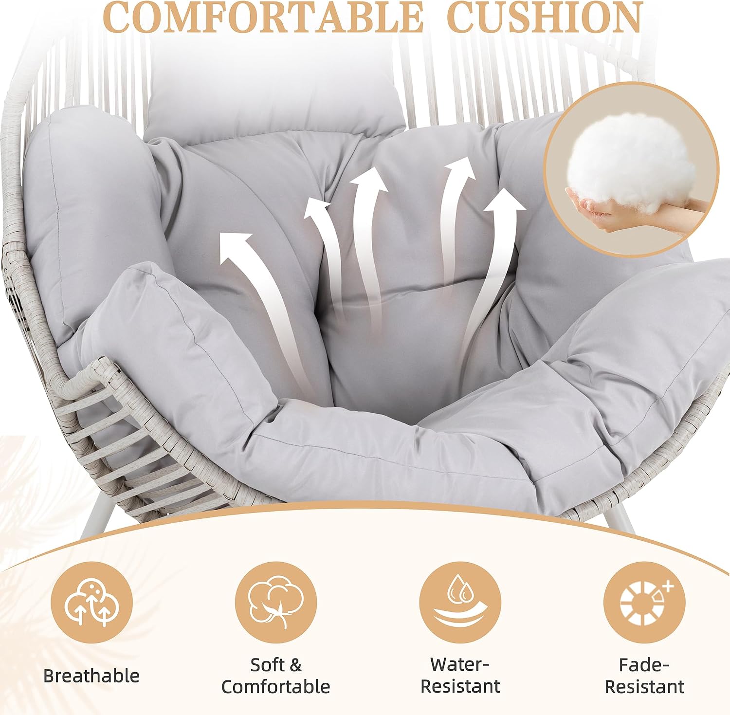 Vongrasig Outdoor Wicker Egg Chair PE Rattan Chair with Cushion, Oversized Patio Lounge Chair for Outdoor, Indoor, Balcony, Backyard, Garden, Grey/Beige Rattan