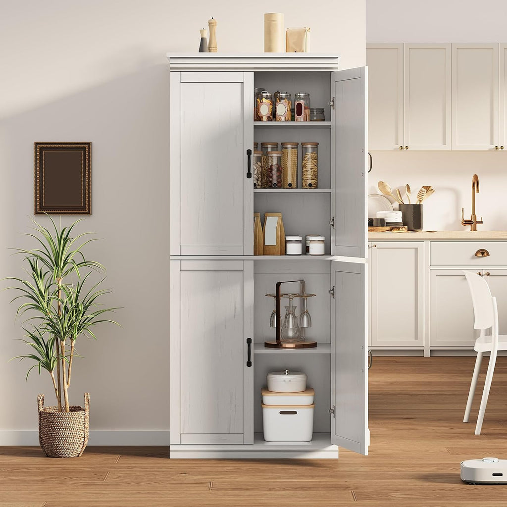70 Inch Tall Pantry Cabinet, Wood Kitchen Storage Cabinet with 4 Doors & Adjustable Shelves, Modern White Pantry Organizer Cupboard for Dining Room, Living Room