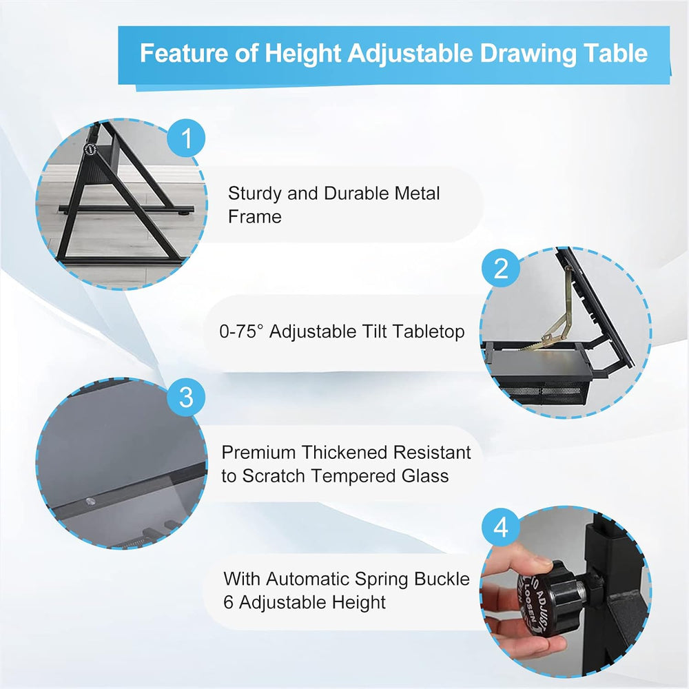 Height Adjustable Drafting Tables, Glass Drawing Art Table, Tilting Tabletop ...