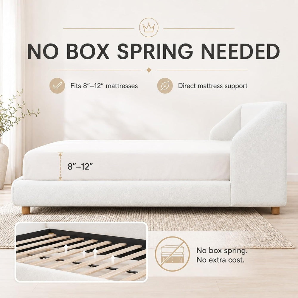 Queen Bed Frame,Extra-Wide Wingback Headboard,Boucle Fabric,White