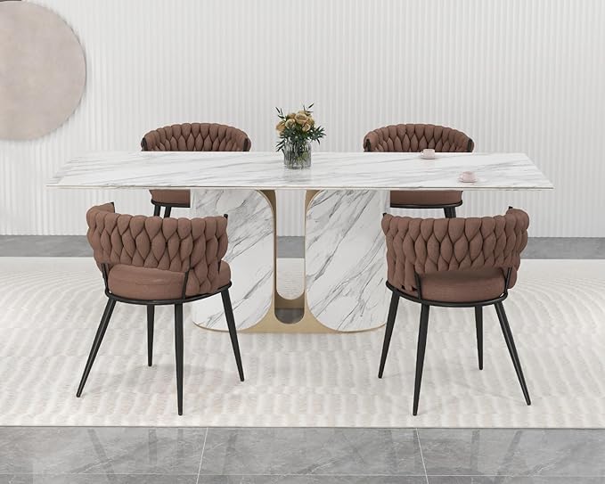 KCC Fabric Dining Chairs Set of 4, Modern Dining Chair with Metal Legs, Woven Upholstered Dining Chairs for Dining Room, Kitchen, Vanity, Living Room (Brown)
