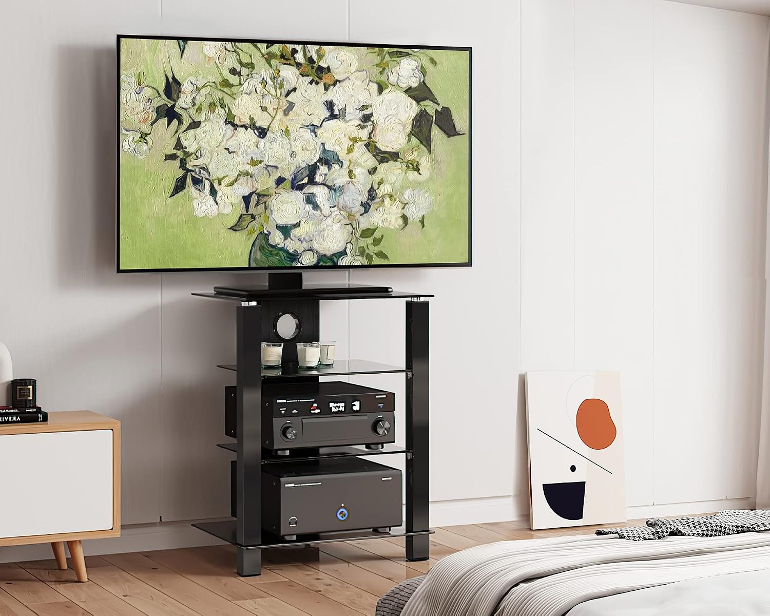 FITUEYES 4-Tier AV Media Cabinet Stand Component Cabinet, Gaming TV Stand and Stereo Rack Audio Tower with Height Adjustable Tempered Glass Shelves, AS406003GB