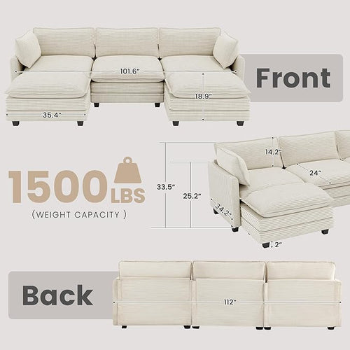 112'' Sectional Modular Cloud Couch, Oversized 5 Seat Couches U Shaped Sofa with 2 Movable Ottomans, 2 Throw Pillows, Upholstered Corduroy U Shape Comfy Deep Couches for Living Room and Office, Beige