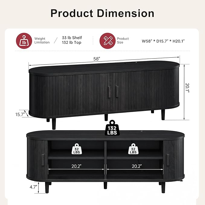 58" Mid Century Modern TV Stand, Wood TV Consoles with Sliding Doors and Power Outlet, Fluted Entertainment Center with Adjustable Shelves, Media Console for Living Room, Black