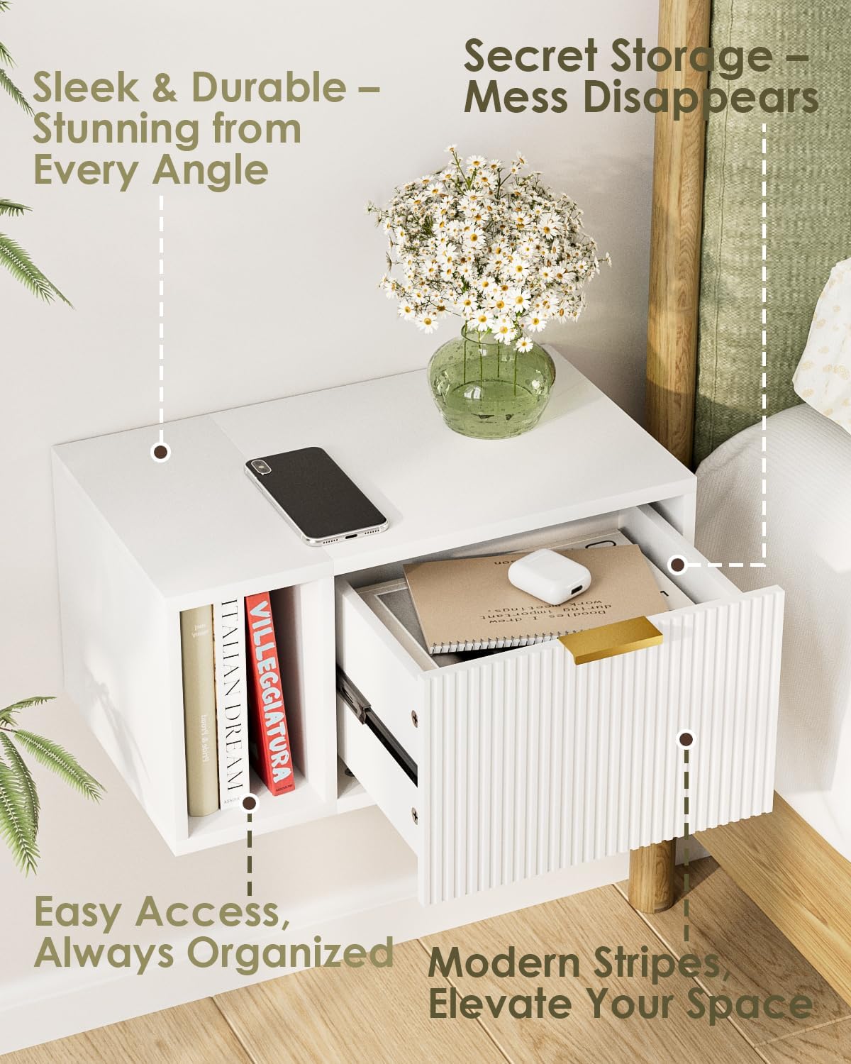 Masupu Floating Nightstand, Wall Mounted Floating Bedside Table with Storage Drawer and Open Shelf, Modern Bedroom Nightstand, 19.3" x 11.4" x 10", White