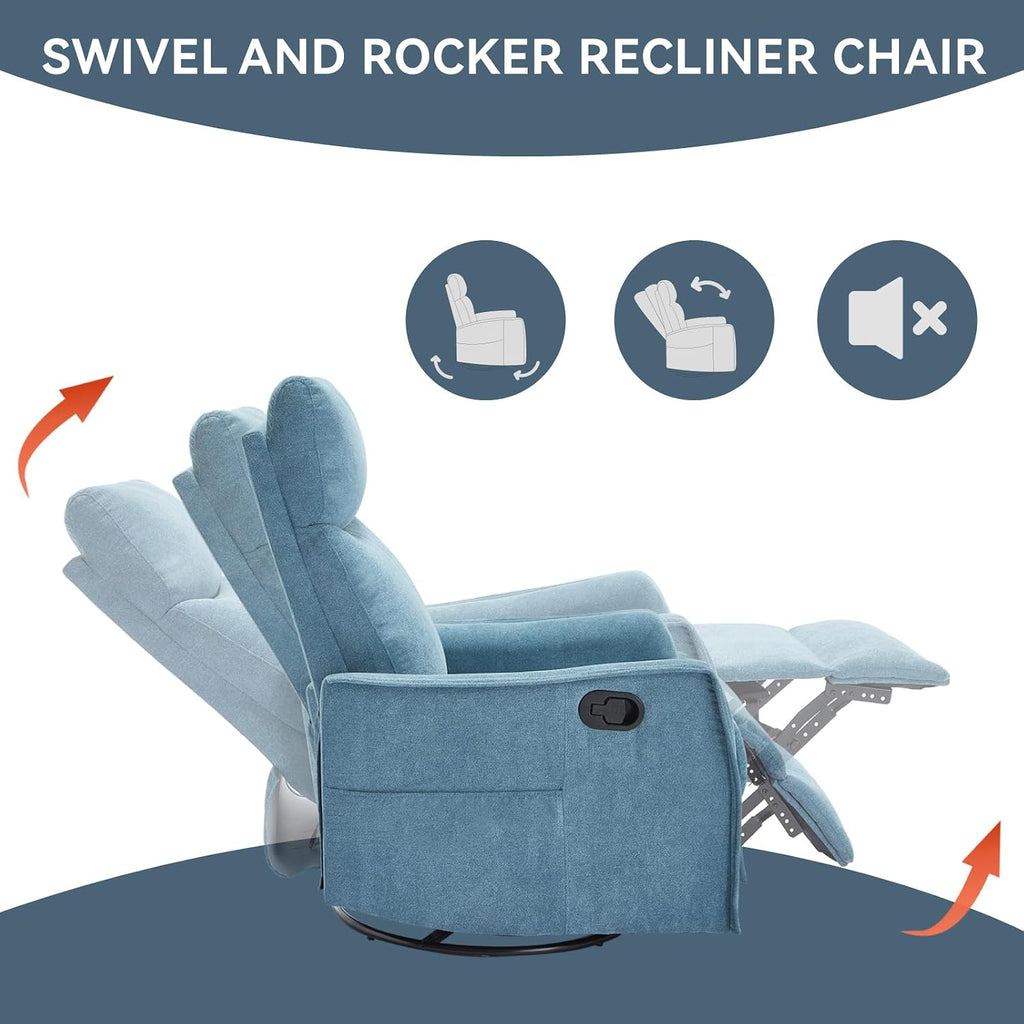 Anwick 360° Swivel Rocker Recliner Chair with Heat and Massage, Manual Upholstered Recliner for Small Spaces, Fabric Glider Nursery Chair with Side Pockets for Living Room (Blue)