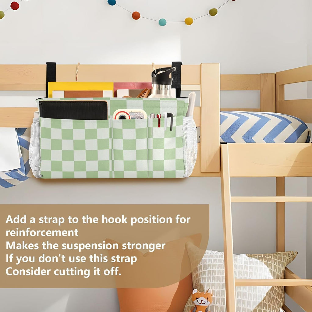 Checkered Mint Green and White Bedside Caddy for Dorm Bed Bedside Hanging Caddy Bag Iron Frame Storage Organizer Pocket for Bunk Home College Hospital Beds 2 Hooks