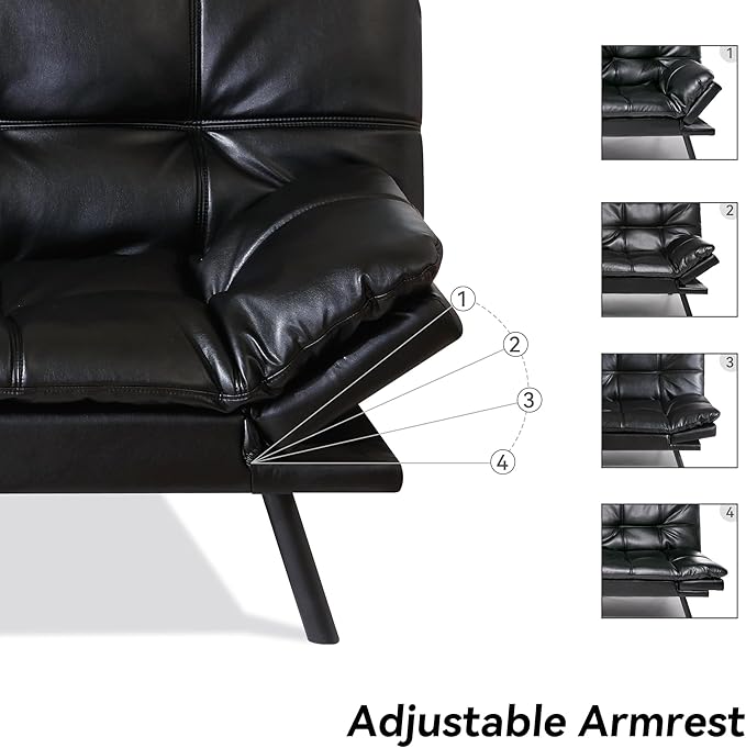 71" Convertible Futon Sofa Bed,Bright Black Faux Leather Futon Couch,Memory Foam Reclining Sleeper Sofa Bed,Modern Folding Small Loveseat Couches for Living Room,Office,Apartment