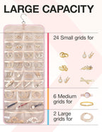 BAGSMART Hanging Jewelry Organizer Storage Roll with Hanger Metal Hooks Double-Sided Jewelry Holder for Earrings, Necklaces, Rings on Closet, Wall, Door, 1 piece, Large, Pink