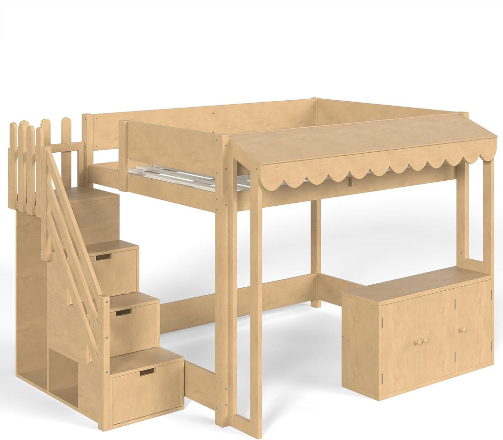 Full Over Full Loft Bed with Storage Stairs and Pretend Store Counter (Full)