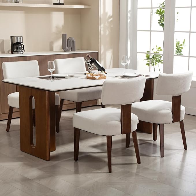 Dining Chairs Set of 8, Fabric Upholstered Wood Kitchen Chairs, Armless Linen Curved Backrest Accent Chair Farmhouse Modern Dining Chairs with Foot Pad for Kitchen/Living Room/Restaurant/Cafe-Beige