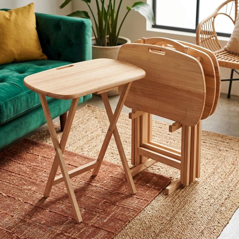 Furnifact Brown Natural Wood Finish 5-Piece Snack Table Set for Living Spaces...