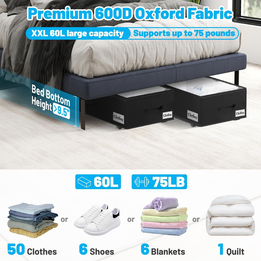 Under Bed Storage with Wheels, 2-Pack 10" Height XXL 60L Rolling Storage Bins, Quick Assembly Underbed Shoe Storage Containers with Clear Lid & Label, Dorm Under bed Drawers for Clothes, Shoes, Black