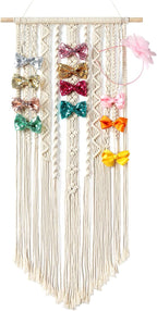 Mkono Macrame Bow Holder Hanging Hair Bow Organizer for Girls Hair Bows,Boho Wall Hair Clips Headband Storage Hanger for Baby Toddler Girls Room, Ivory (Clips and Other Props Not Included)