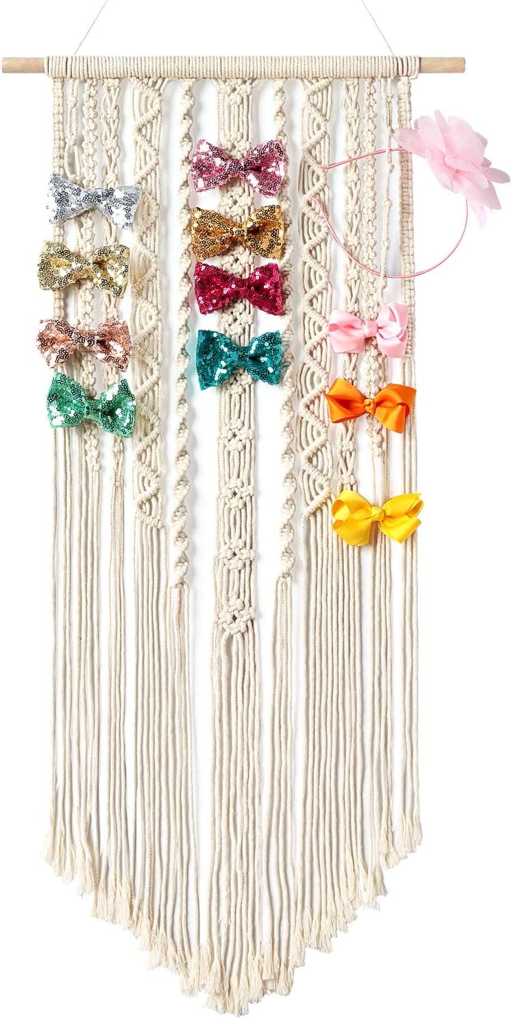 Mkono Macrame Bow Holder Hanging Hair Bow Organizer for Girls Hair Bows,Boho Wall Hair Clips Headband Storage Hanger for Baby Toddler Girls Room, Ivory (Clips and Other Props Not Included)