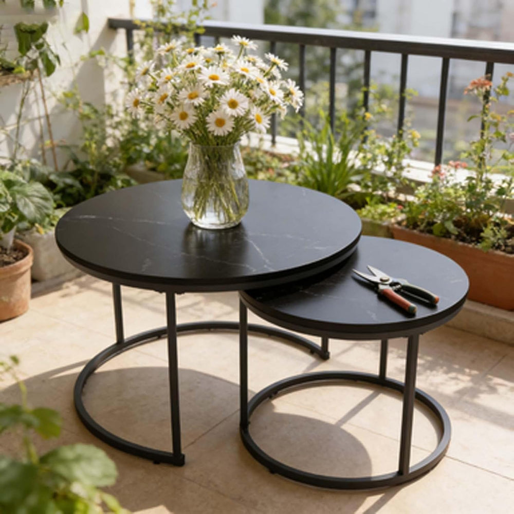 Round Coffee Table Set of 2, Modern Nesting Tables with Marble Look Top &...