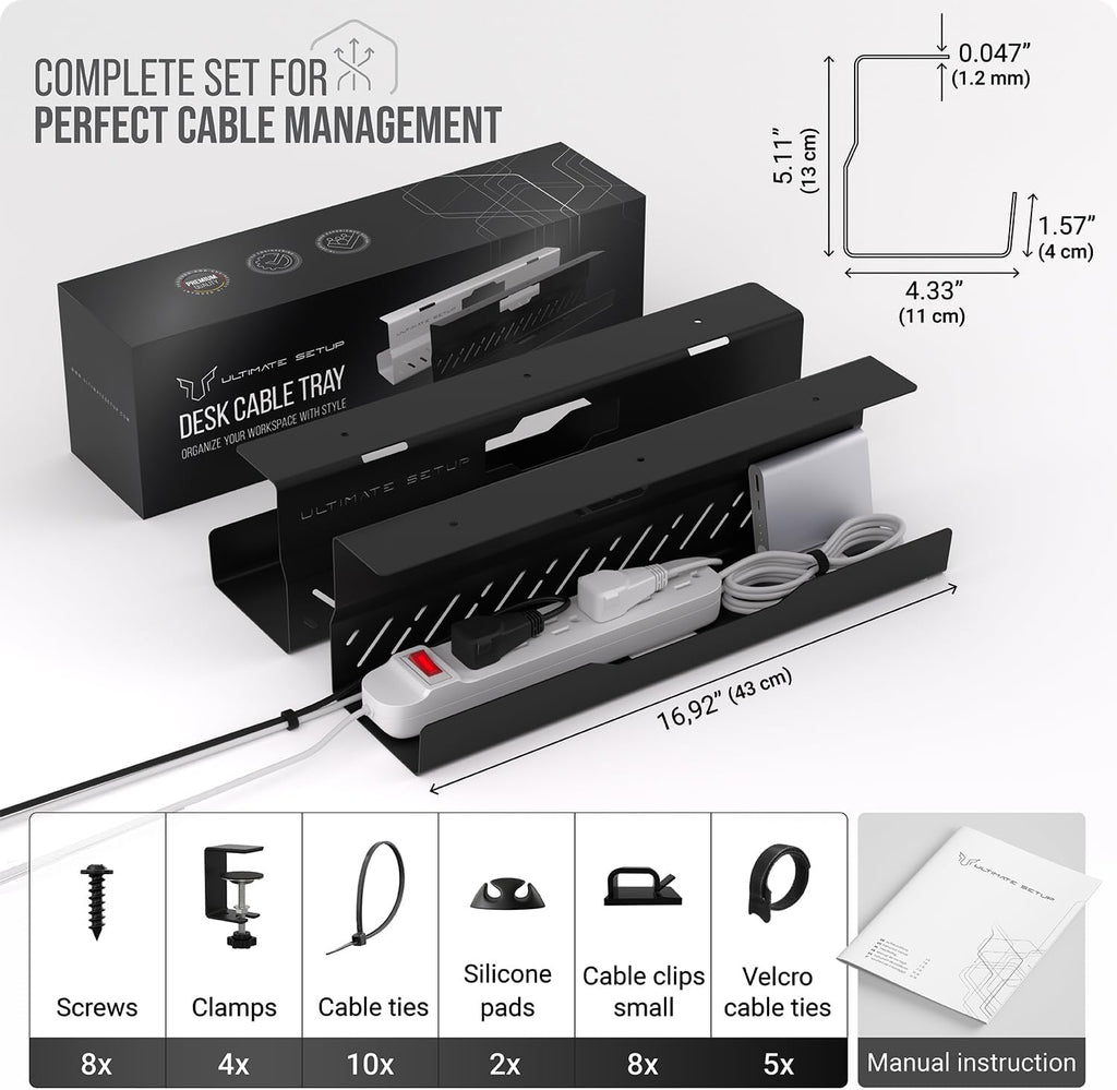 Under Desk Cable Management Tray no Drill – Wire Management - Cord Organizer – Huge Load Capacity – Under Desk Cable Tray no Drill (Black, 2 Pieces Set)