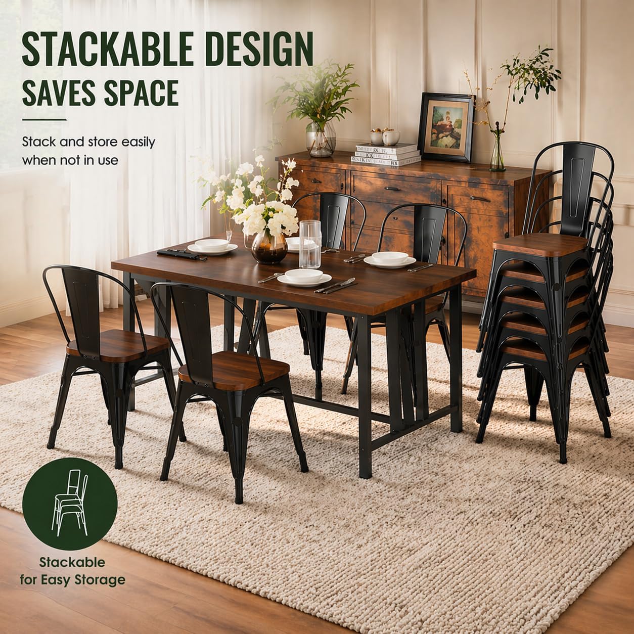Black Metal Dining Chairs Set of 6 with Wood Seat, Stackable Metal Kitchen Chairs for Dining,Kitchen Room and Outdoor Patio