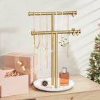 Gold Necklace Rack Stand with Storage Tray - 2 Rods T-Shaped Jewelry Holder Stand for Bracelets, Earrings, Rings | Elegant Vanity & Dresser Top Storage for Women.