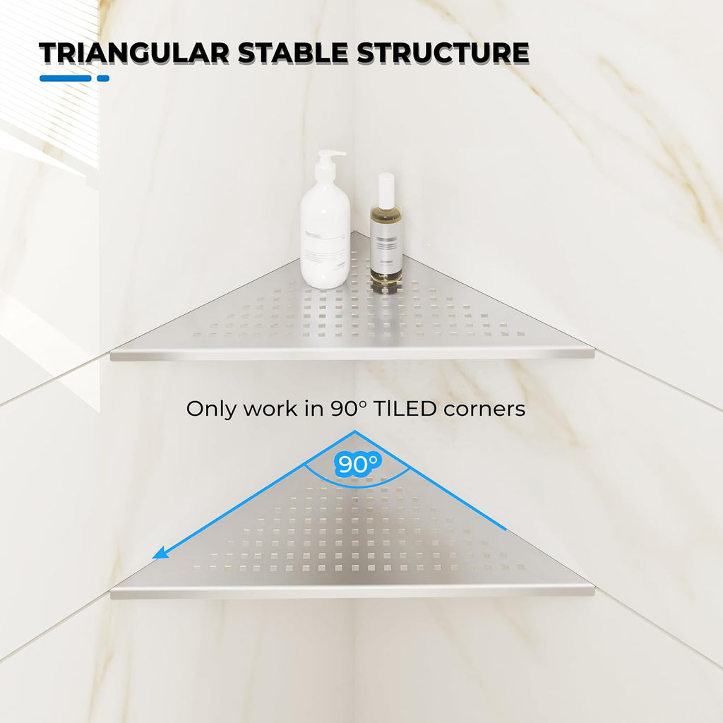 FerdY 2-Pack 10" Brushed Nickel Recessed Corner Shower Shelf, for Tiled Bathroom Walls, 304 Stainless Steel Floating Shower Shelf, Shower Caddy Storage Shelves, No Drilling Required, Point Triangle