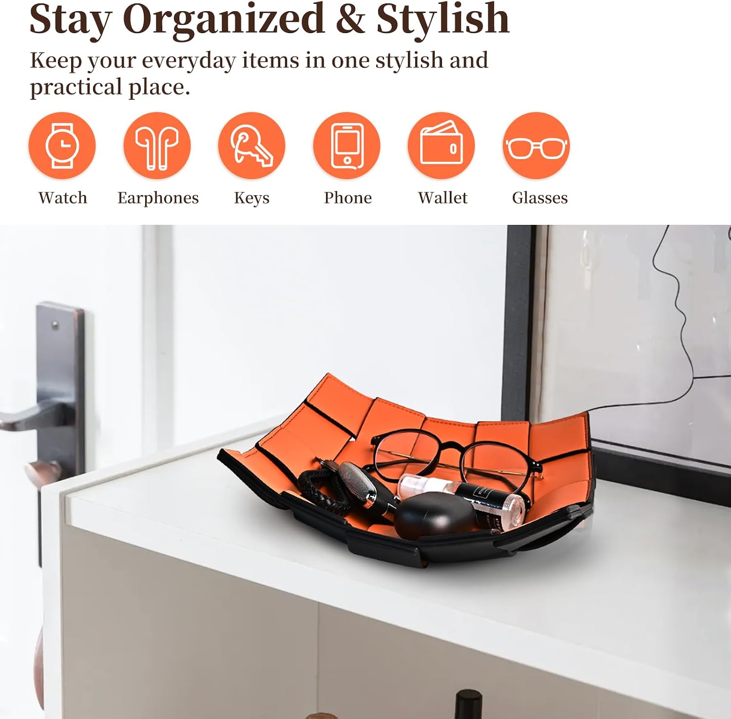 MSJGA Valet Tray PU Leather Key Holder Bowl for Women and Men Entryway Table Nightstand Desk Tray for Wallet, Keys Men's Gift - Orange & Black, 9.8" L x 9.8" W x 2" H