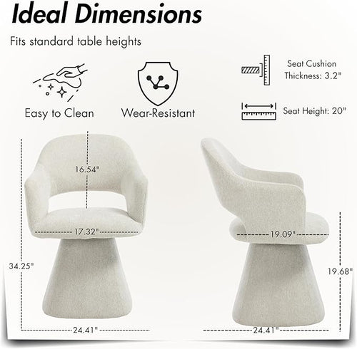 360° Swivel Dining Chair with Arms Set of 2, Chenille Upholstered Barrel Accent Kitchen Chairs with Hollow High Back, Deskchair for Dining Room Bedroom Vanity, Beige