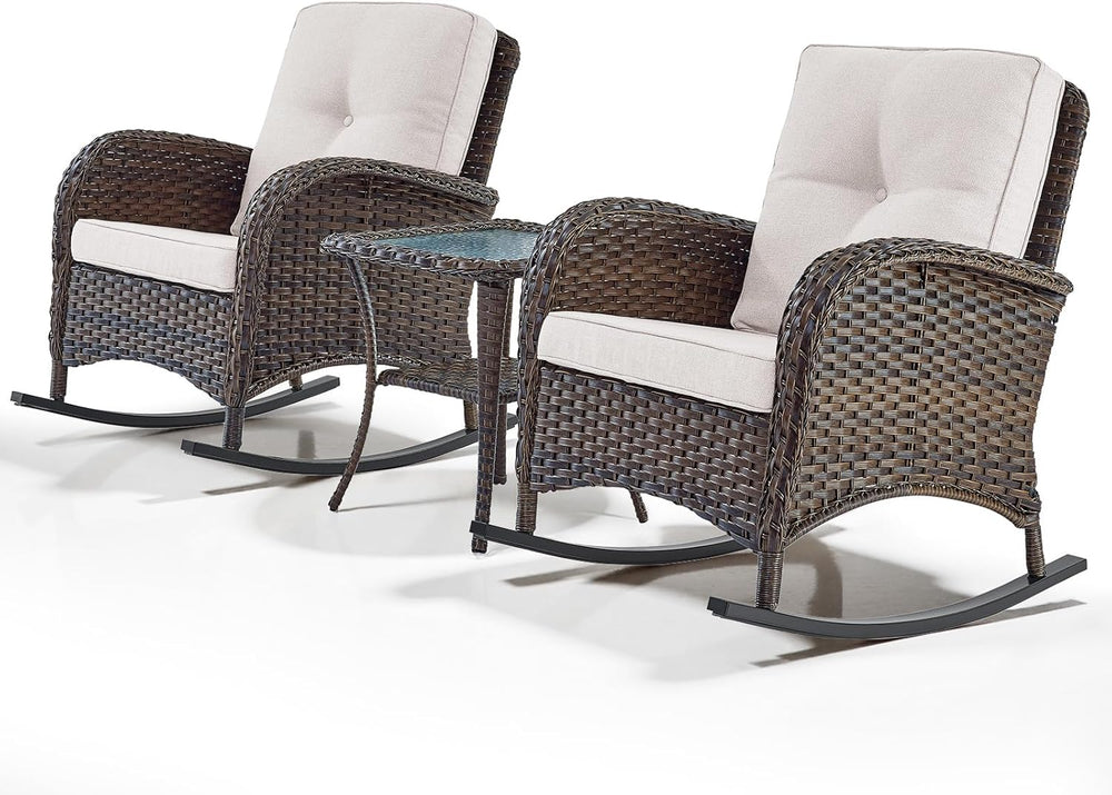 Belord Wicker Porch Rocking Chairs - 3 Pieces Patio Bistro Set High Back Outd...