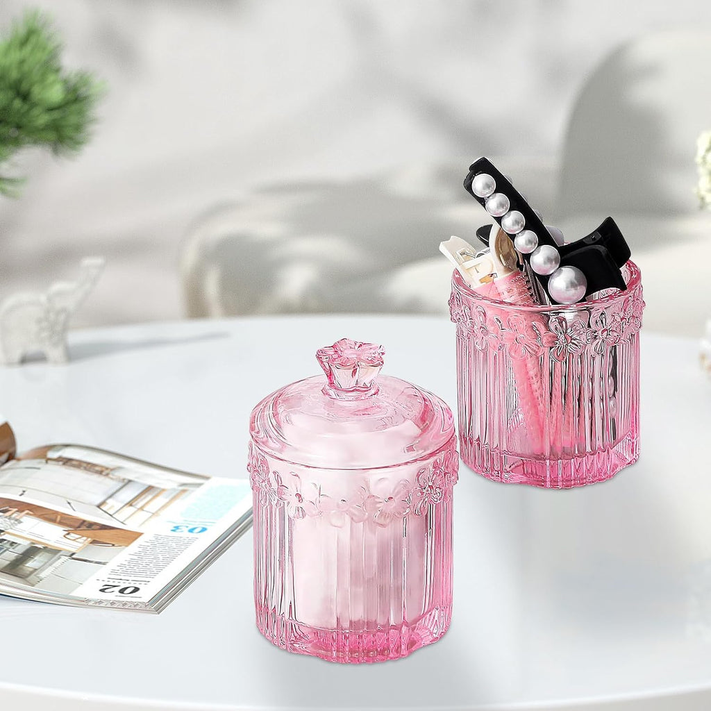 Pink Qtip Cotton Ball Hair Ties Candy Holder Makeup Storage Bathroom Accessories Organizer Thick Glass Apothecary Jars with Lid, 2pcs