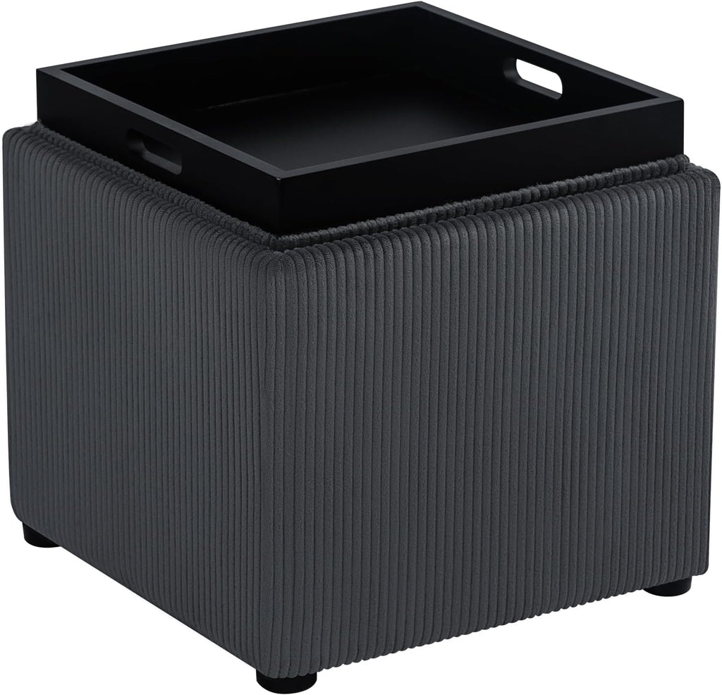 Adeco 17" Corduroy Storage Ottoman with Reversible Tray Lid, Modern Square Footstool for Living Room, RV & Dorm, Sturdy 355lbs Capacity Coffee Table & Side Table, Gray