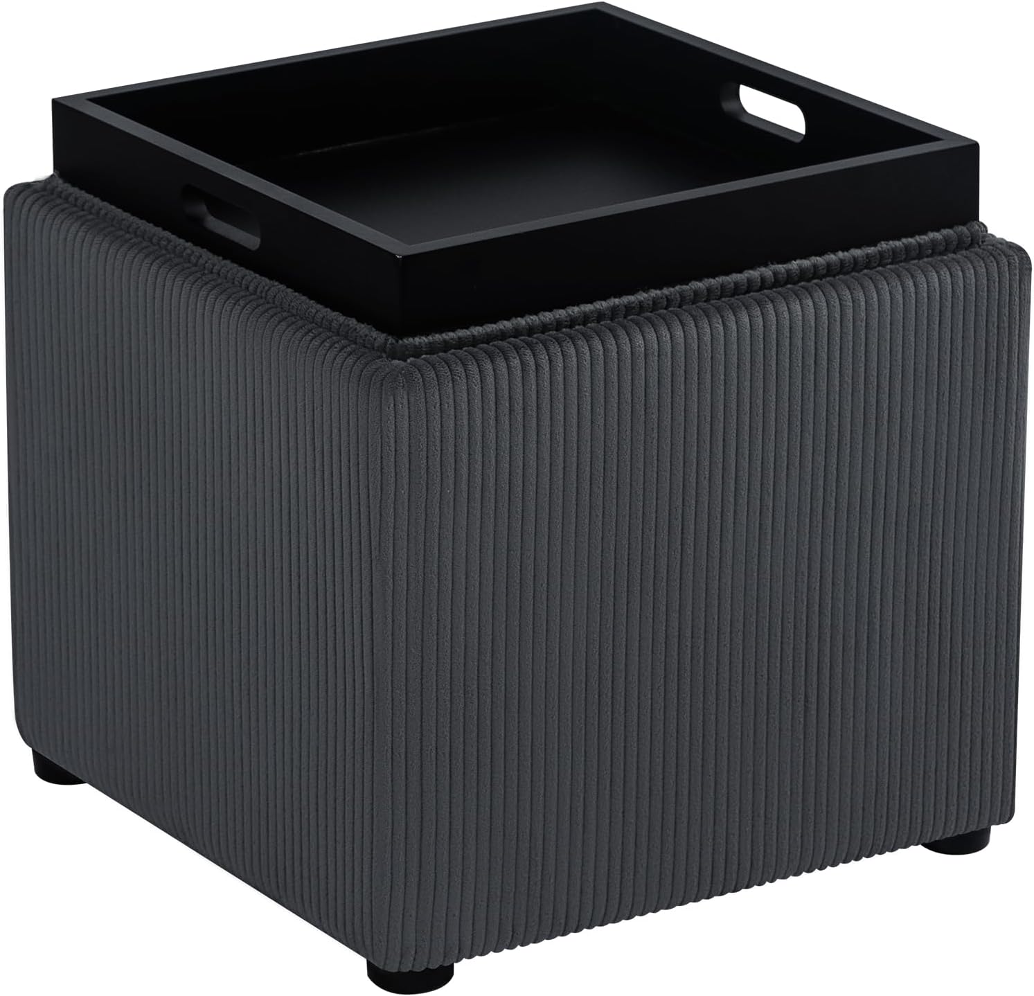 Adeco 17" Corduroy Storage Ottoman with Reversible Tray Lid, Modern Square Footstool for Living Room, RV & Dorm, Sturdy 355lbs Capacity Coffee Table & Side Table, Gray