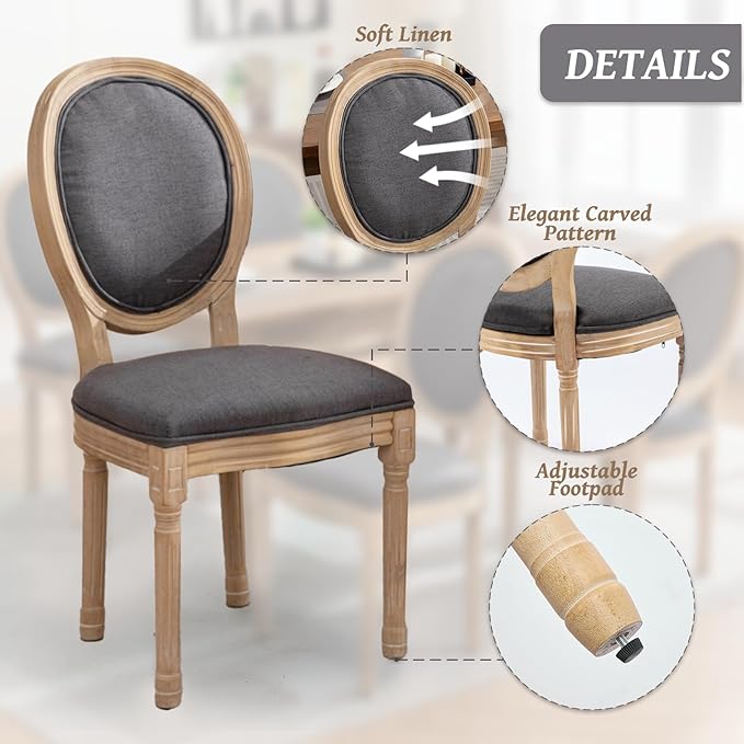French Country Dining Chairs Set of 4,Farmhouse Upholstered Dining Room Chairs with Round Back and Solid Leg,Fabric Kitchen Side Chairs for Kitchen/Bedroom/Dining Room,Gray