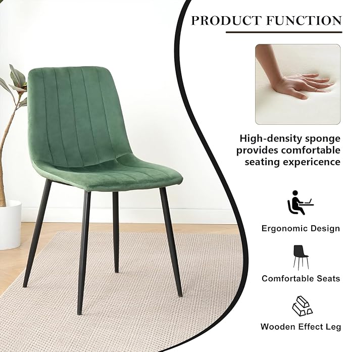 Dining Chairs Set of 4, Modern Kitchen Dining Room Chairs, Ergonomic Velvet Dining Chair Upholstered Cushion Seat and Sturdy Metal Legs (Green)