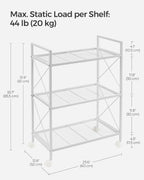 SONGMICS 3-Tier Metal Storage Rack with Wheels, Mesh Shelving Unit with X Side Frames, 23.6-Inch Width, for Entryway, Kitchen, Living Room, Bathroom, Industrial Style, White UBSC163W01