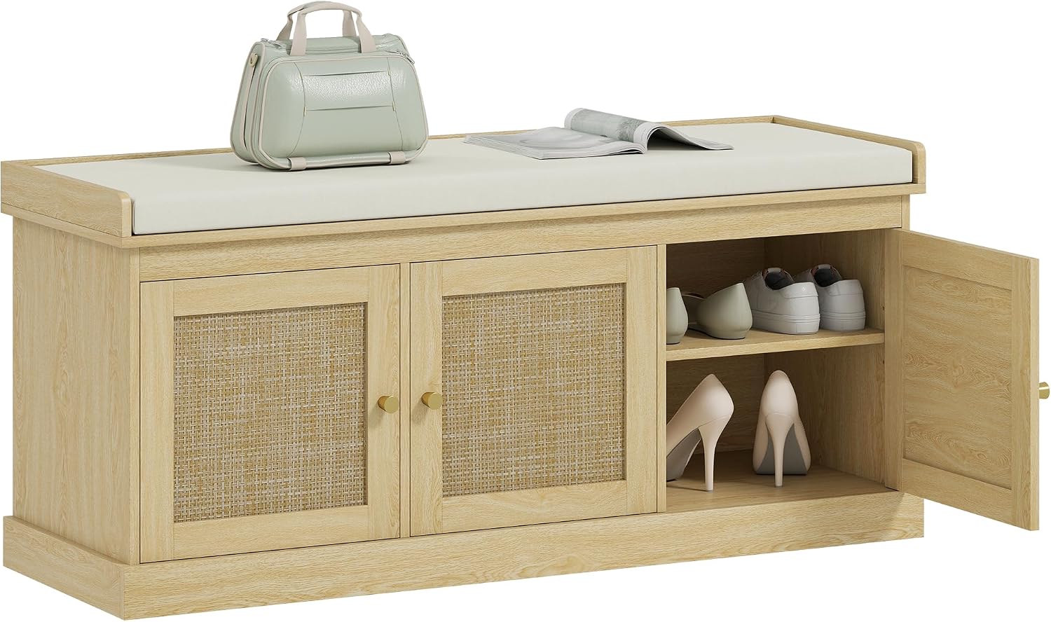 HOMCOM Shoe Bench Storage Rattan Doors 13.8 x 41.3 x 18.5 Inches Oak Tone | Cushion Seat, Adjustable Shelves for 9 Pairs, Boho Style, Bedroom, Living Room