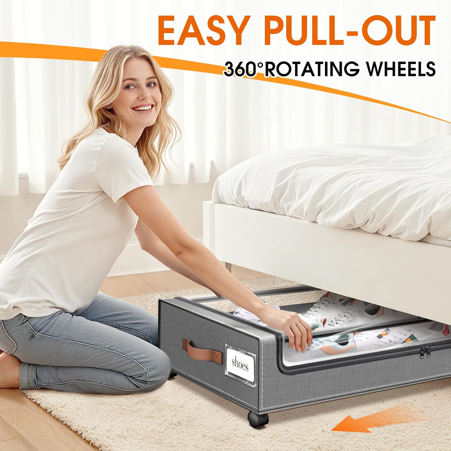 Under Bed Storage with Wheels 1Pack Underbed Storage with Clear Window&Label Under Bed Drawers Large Capacity Rolling Under Bed Storage for Clothes,Shoes, Blankets (Light Grey)