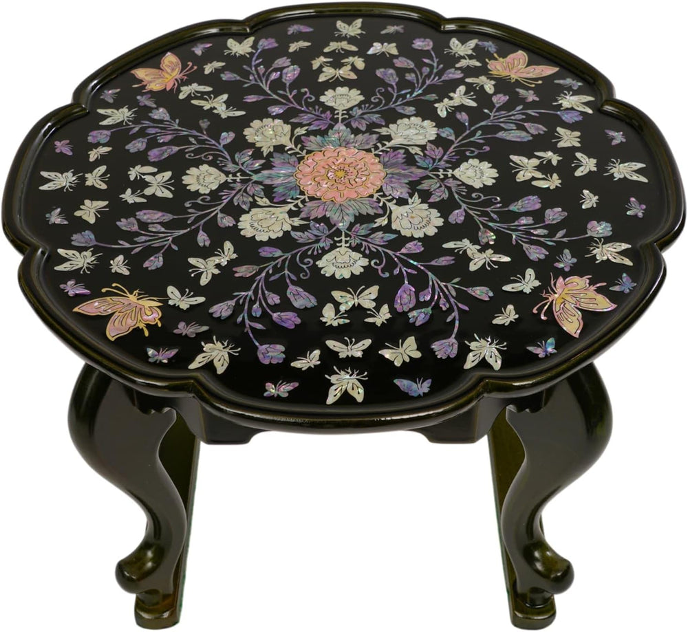 February Mountain Mother of Pearl Tray Table – Round Tea Table with Floral Bu...