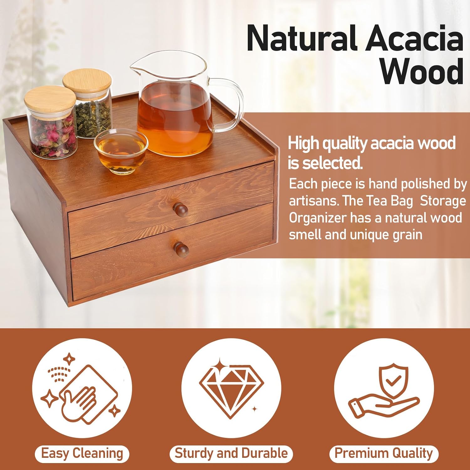 Acacia Wood Tea Bag Organizer, Tea Organizers and Storage Box, Double-Drawer Tea Box - Tea and Coffee Organizer,Multi-Functional Tea Station Chest,Wooden Tea Tray and Containers for Countertop Display