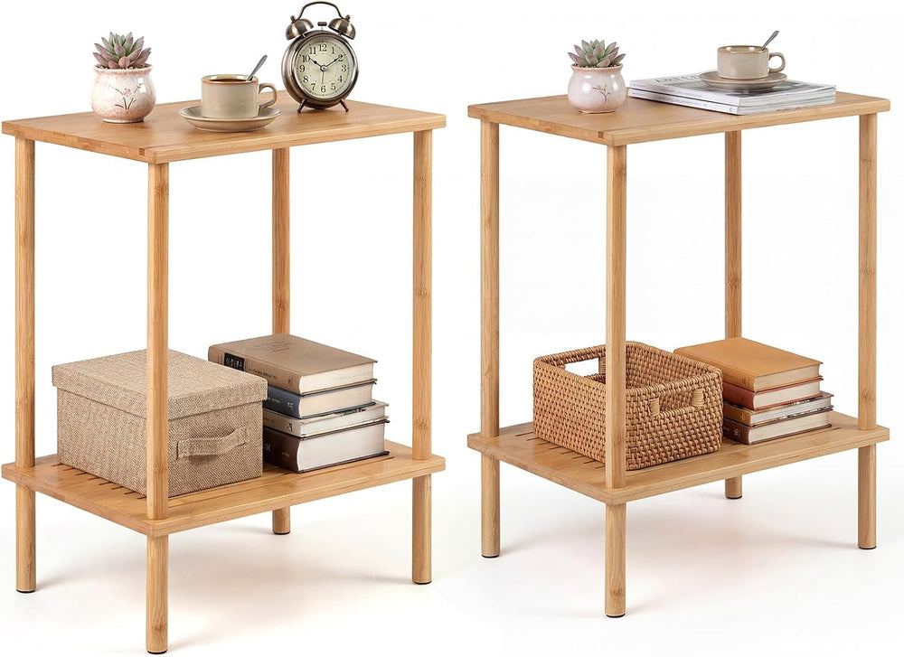 Giantex Bamboo Side Table Set of 2, 2-Tier Sofa End Bedside Table w/Storage S...