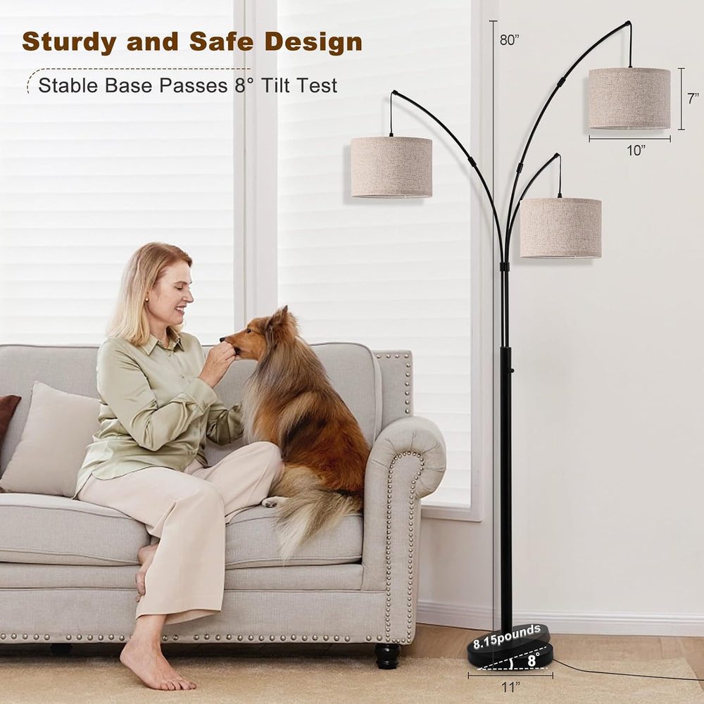 3 Light Arc Floor Lamp with Remote, Beige Shade Black Pole
