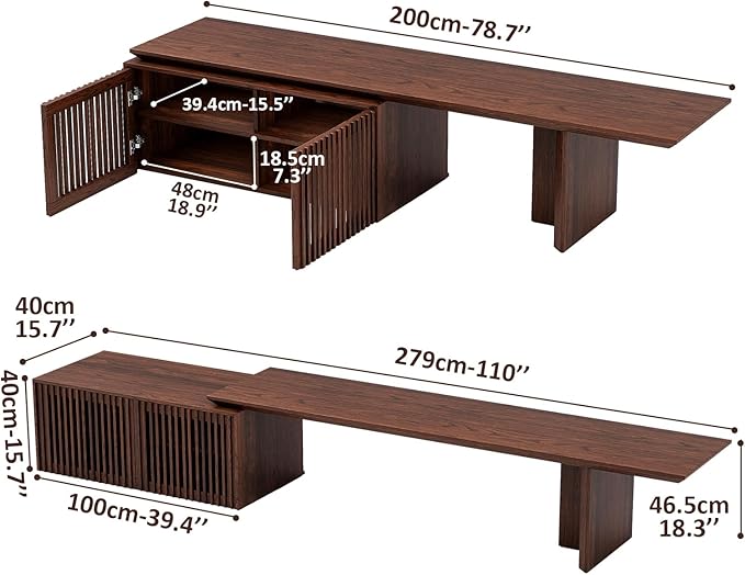 XEW Extendable TV Stand with Storage and Shelves, Wood Entertainment Center for 55+ Inch TV, Modern TV Console, Minimalist Media Console for Living Room, Bedroom-Walnut (Extendable: 78.7"-110")