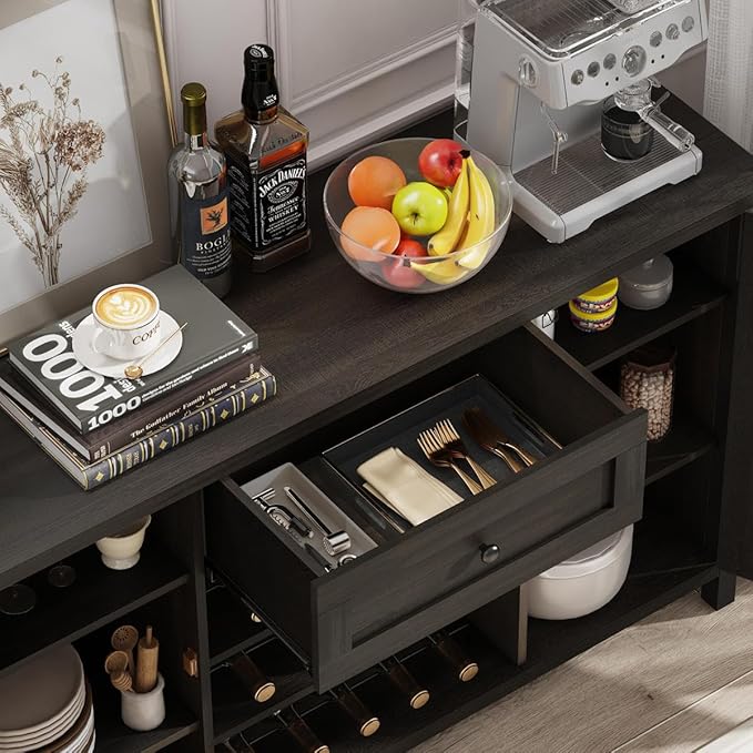 FATORRI Industrial Coffee Bar Cabinet with Drawer and Wine Rack, Sideboard Buffet Storage Cabinet with Door, Farmhouse Credenza Cupboard for Kitchen (Walnut Brown)