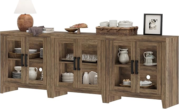 WAMPAT Farmhouse TV Stand for TVs up to 85”, Rustic Wood Entertainment Center with Adjustable Shelf, Glass Doors & Storage, Media Console Cabinet for Living-Room, Bedroom, Brown