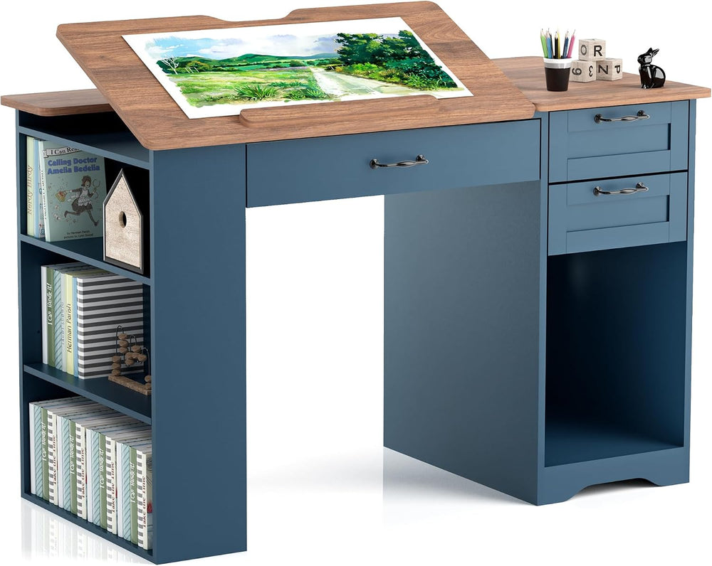 Drafting Table with Storage Cabinet & Drawers, Adjustable Drawing Table w...
