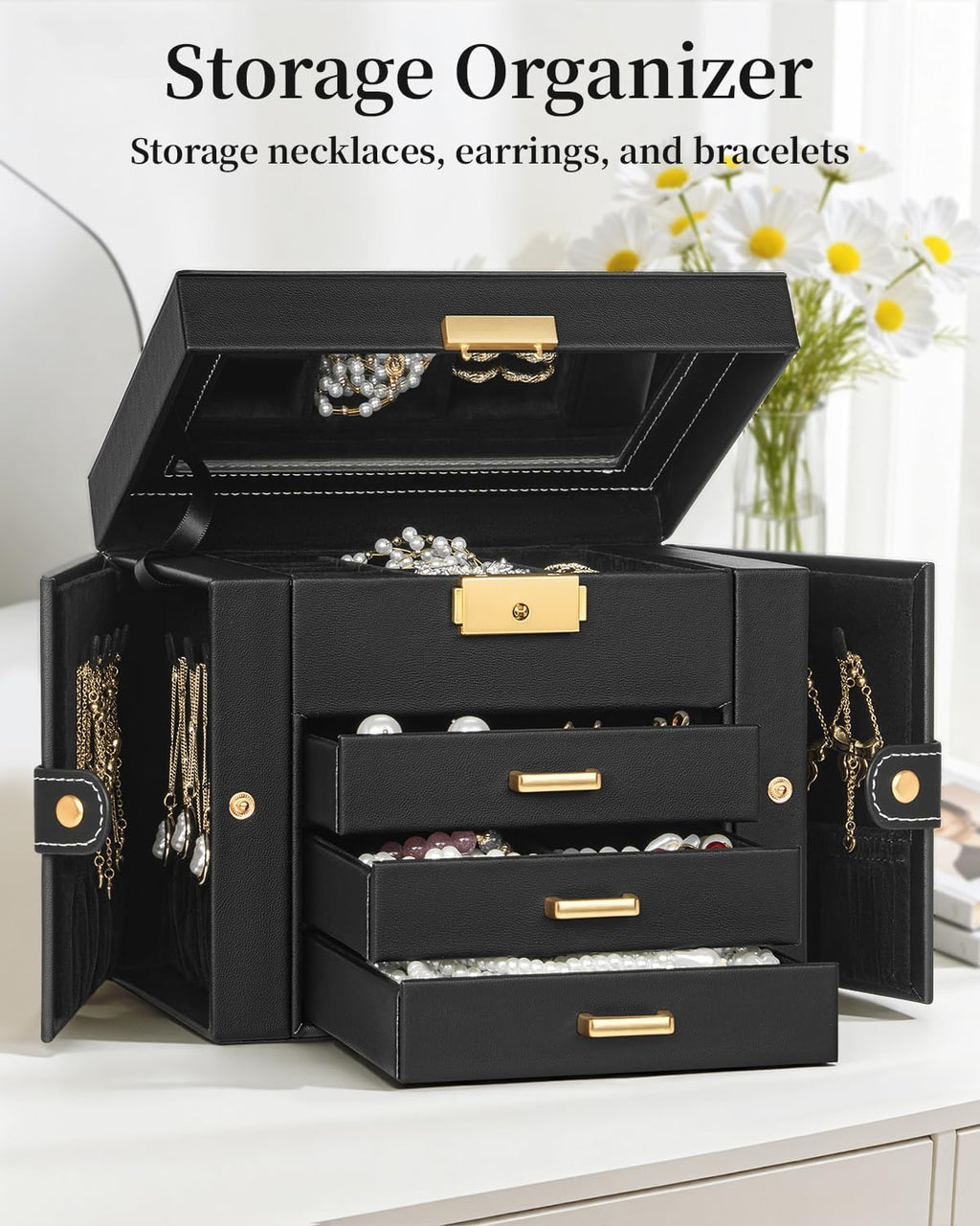 TORIBIO Jewelry Box for Women, Leather Jewelry Organizer with Mirror & Lock, 4-Tier Jewelry Storage Organizer with 3 Drawers for Girls/Women/Mothers, Necklace Earring Bracelets Holder Organizer