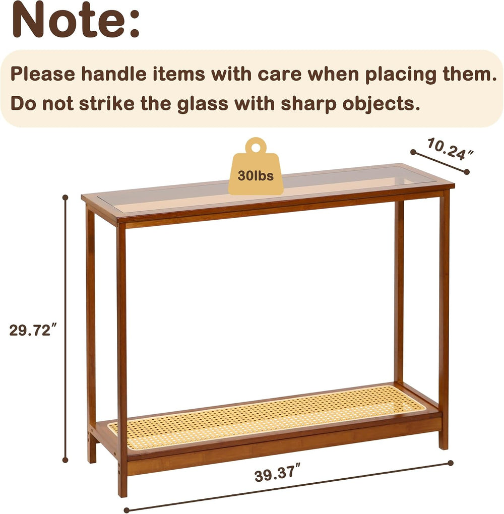 Bamboo Narrow Console Table, 39.4"(L) Wood Small Entryway Table with Rat...