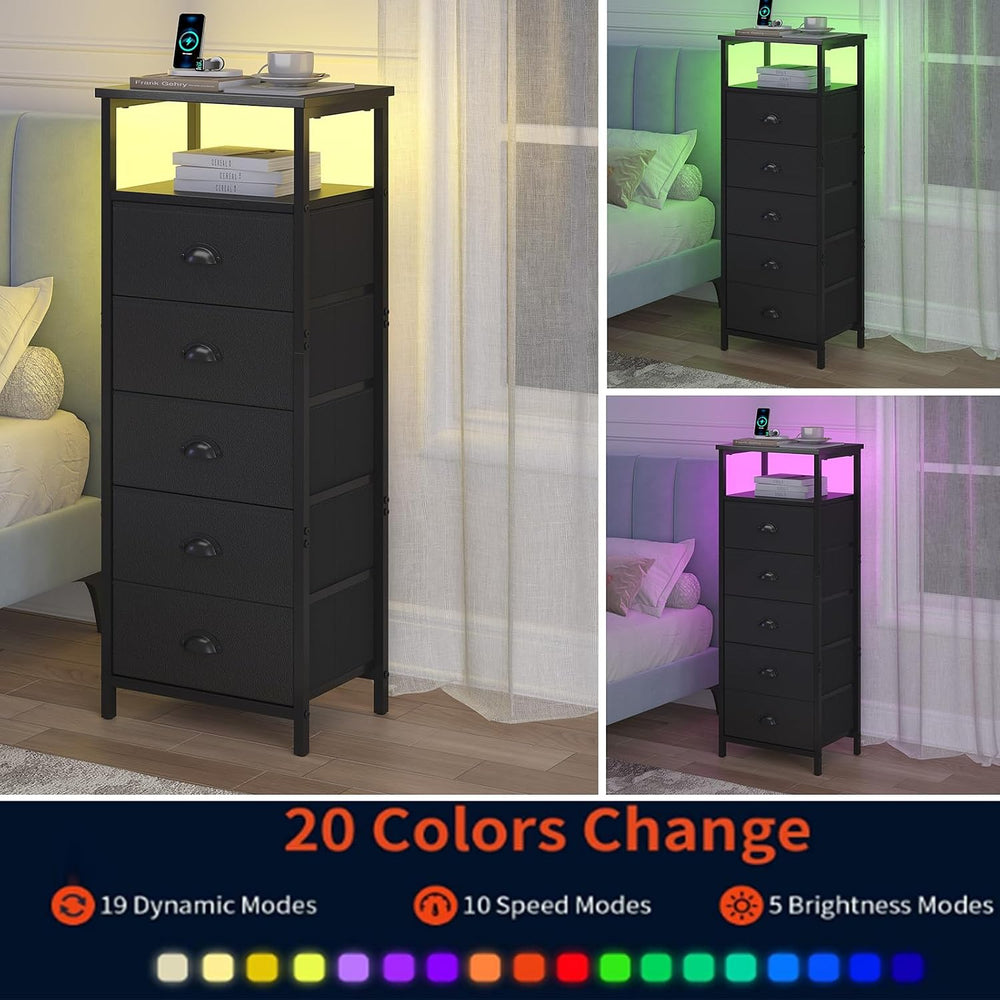 Nightstand with Charging Station,LED Black Nightstands with 5 Fabric Drawers ...