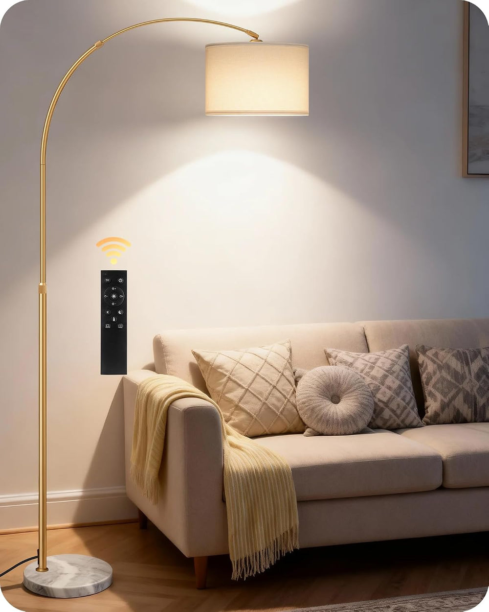 75" Dimmable Gold Arc Lamp with Marble Base, Adjustable Height, White Shade