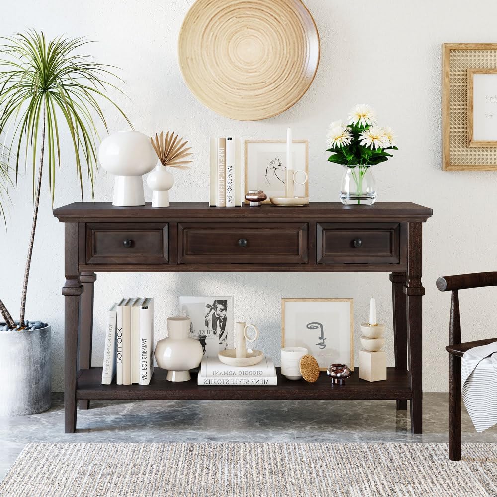 ZOEDO Classic Retro Style Console Table with Three Top Drawers and Open Style...