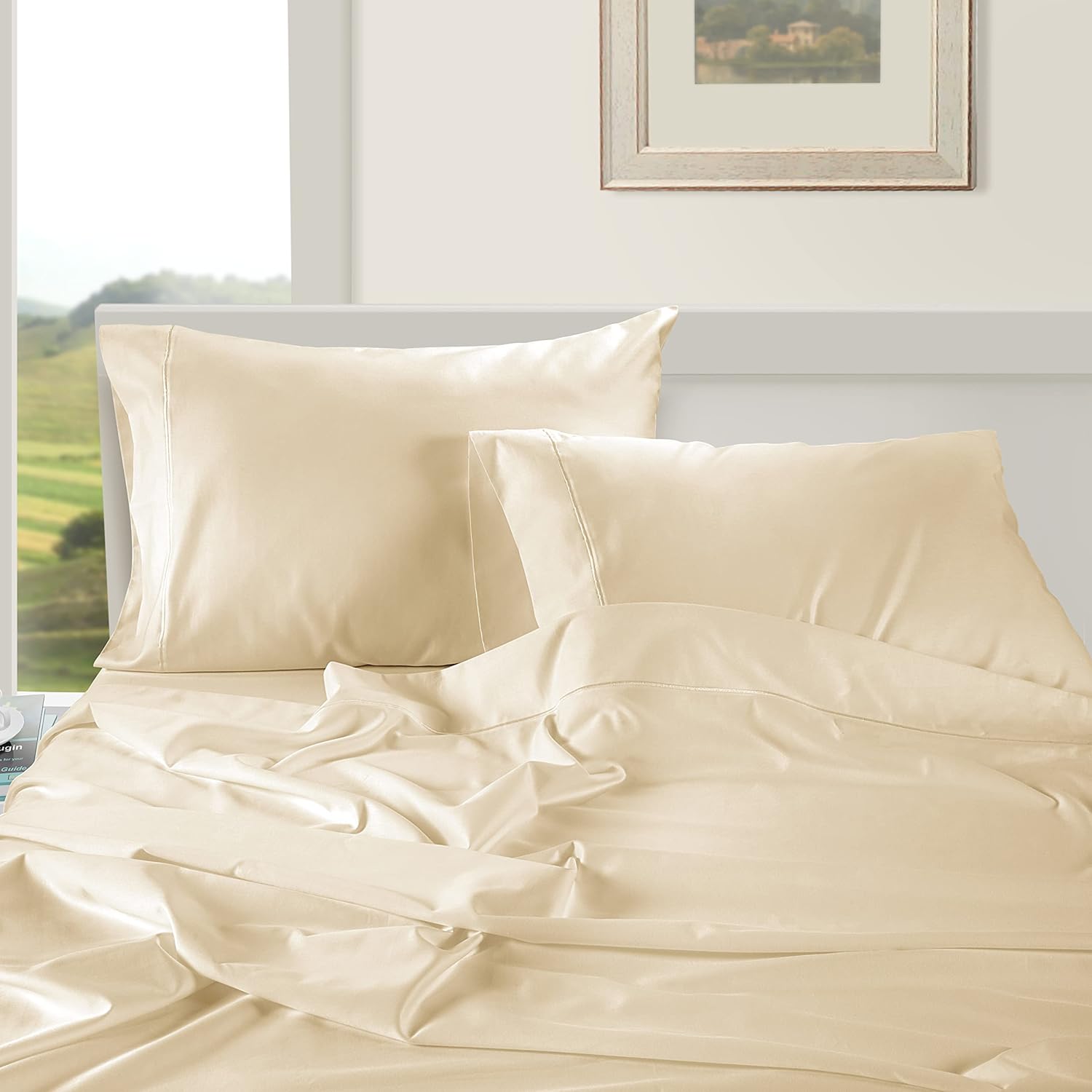 LANE LINEN Pillow Case Covers King Set of 2 100% Egyptian Cotton Sateen Soft Cool & Smooth 1000 Thread Count Cases - Ivory